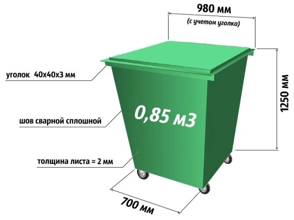 контейнер 0,85 м³ для тбо гост (с крышкой, на колесах) артикул 